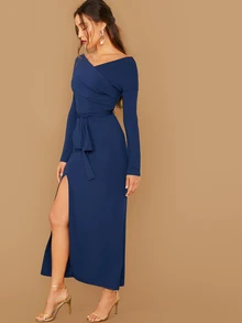 SHEIN 高開衩圍裹式繫腰帶連衣裙 - 藏蓝色 - 查看 3