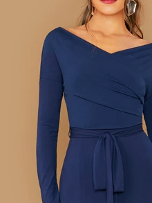 SHEIN 高開衩圍裹式繫腰帶連衣裙 - 藏蓝色 - 查看 4