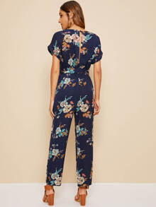 SHEIN VCAY Jumpsuits Cắt ra Hoa Hải quân Boho - Màu xanh hải quân - Xem 2