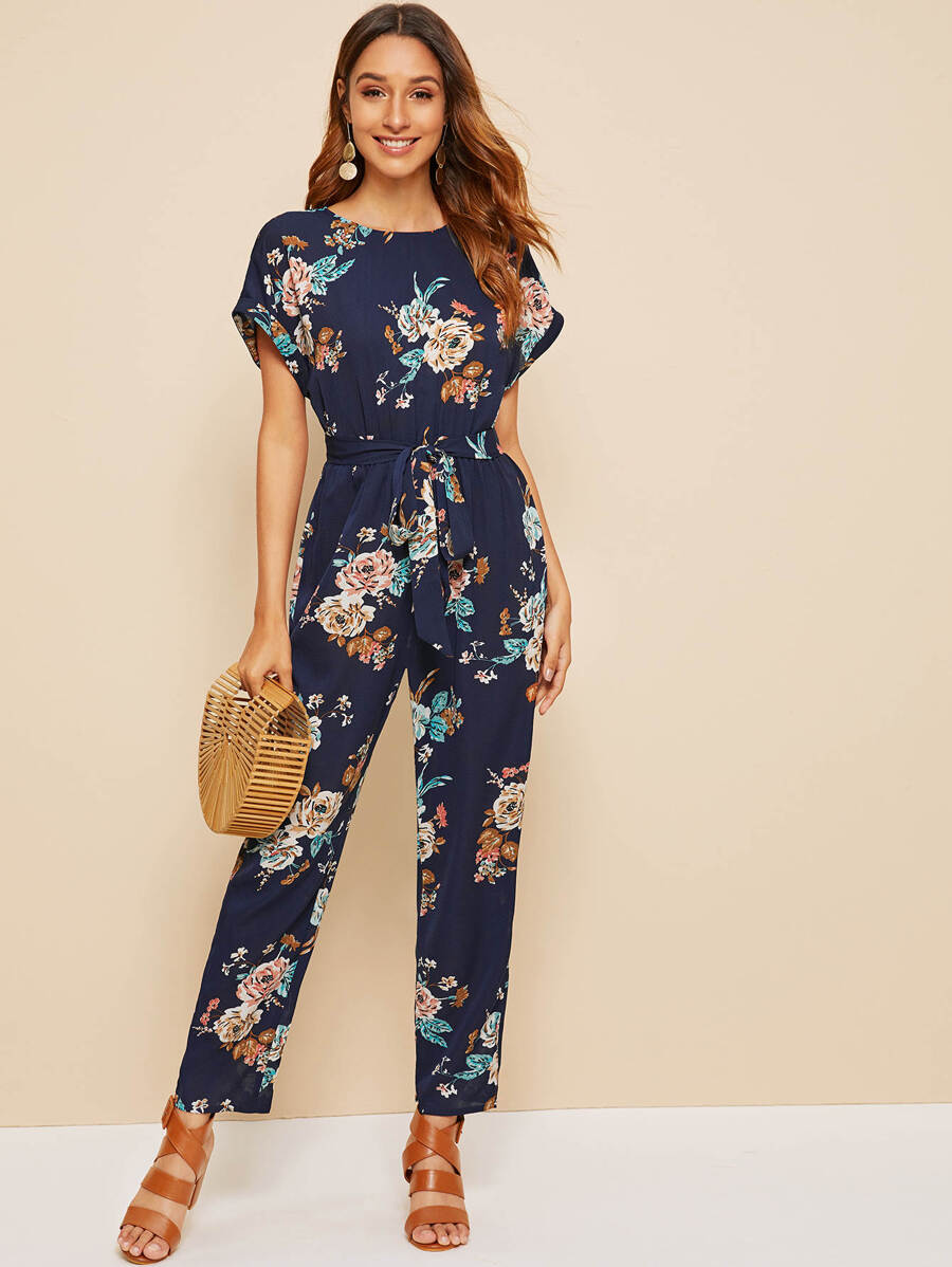 SHEIN VCAY Jumpsuits Cắt ra Hoa Hải quân Boho - Màu xanh hải quân - Xem 1