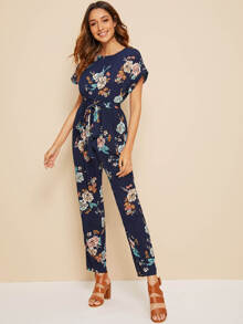 SHEIN VCAY Jumpsuits Cắt ra Hoa Hải quân Boho - Màu xanh hải quân - Xem 5