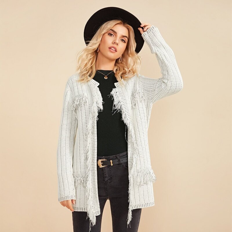 

Frayed Trim Open Front Cardigan, White