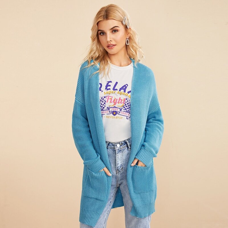 

Drop Shoulder Pocket Patched Cardigan, Blue