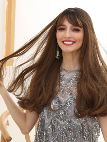 Tóc giả dài thẳng tự nhiên với Bangs - màu nâu - Xem 5