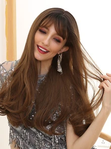Tóc giả dài thẳng tự nhiên với Bangs - màu nâu - Xem 6