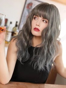 Natural Long Curly Wig With Bangs - Grey - View 2