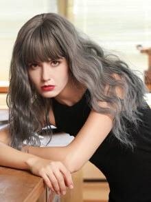 Natural Long Curly Wig With Bangs - Grey - View 3