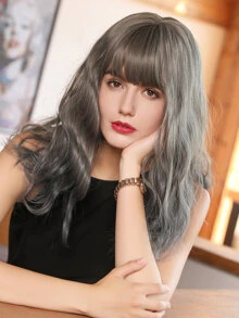 Natural Long Curly Wig With Bangs - Grey - View 4