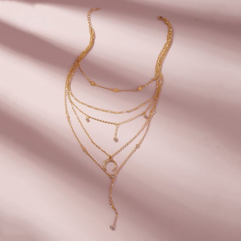 

Rhinestone & Moon Decor Layered Lariat Necklace 1pc, Gold