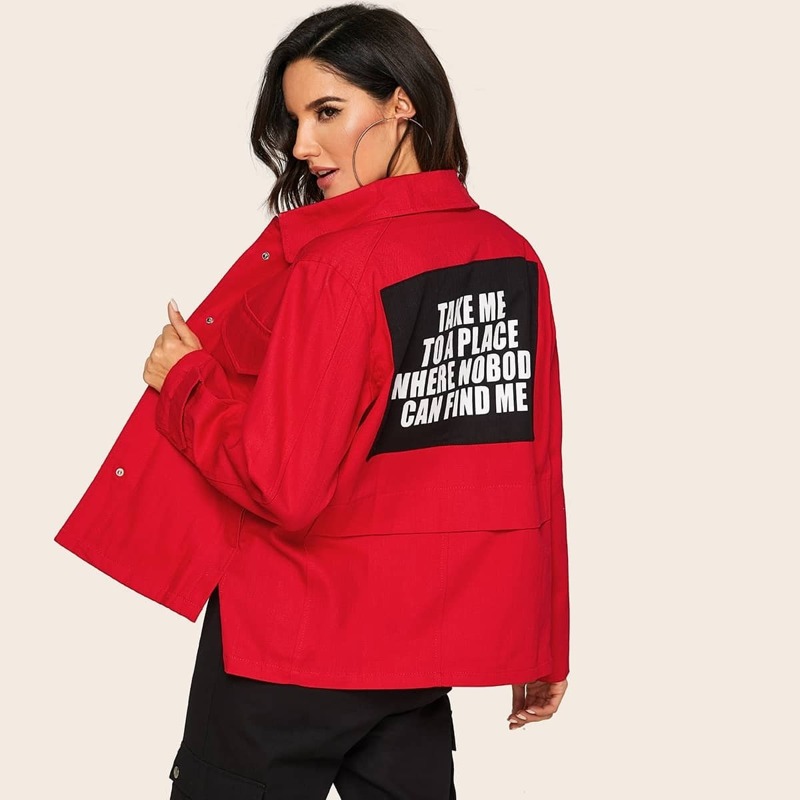 

Slogan Print Pocket Front Coat, Red