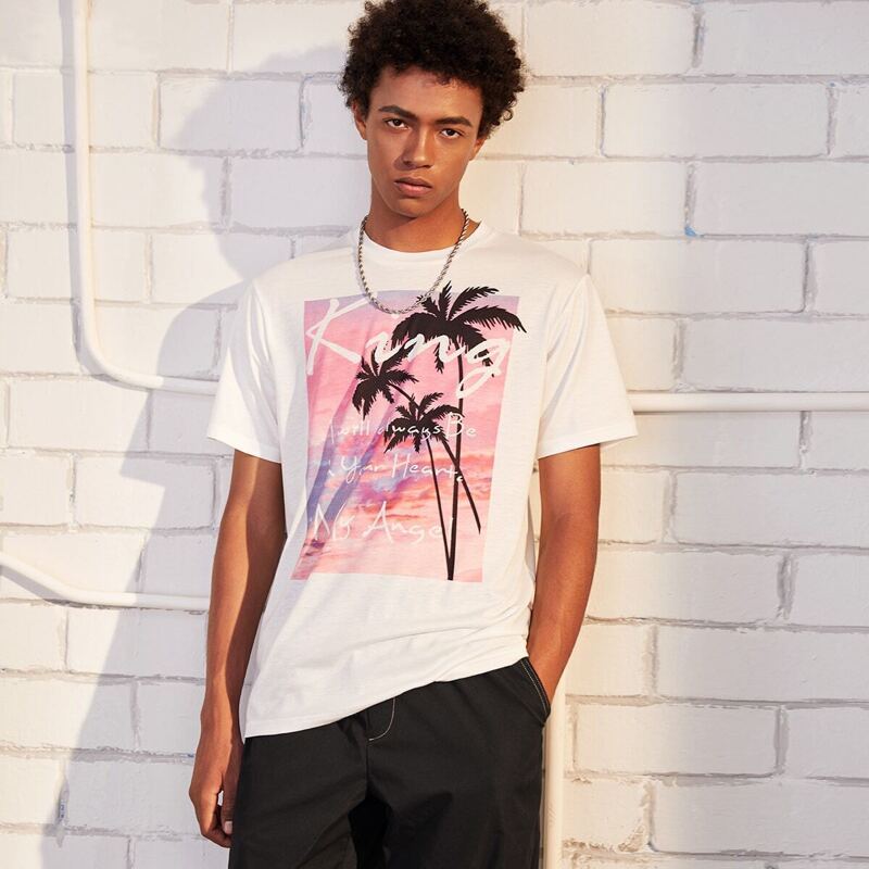 

Guys Tropical And Letter Print Tee, White