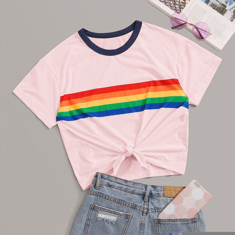 

Rainbow Stripe Contrast Binding Tee, Pink