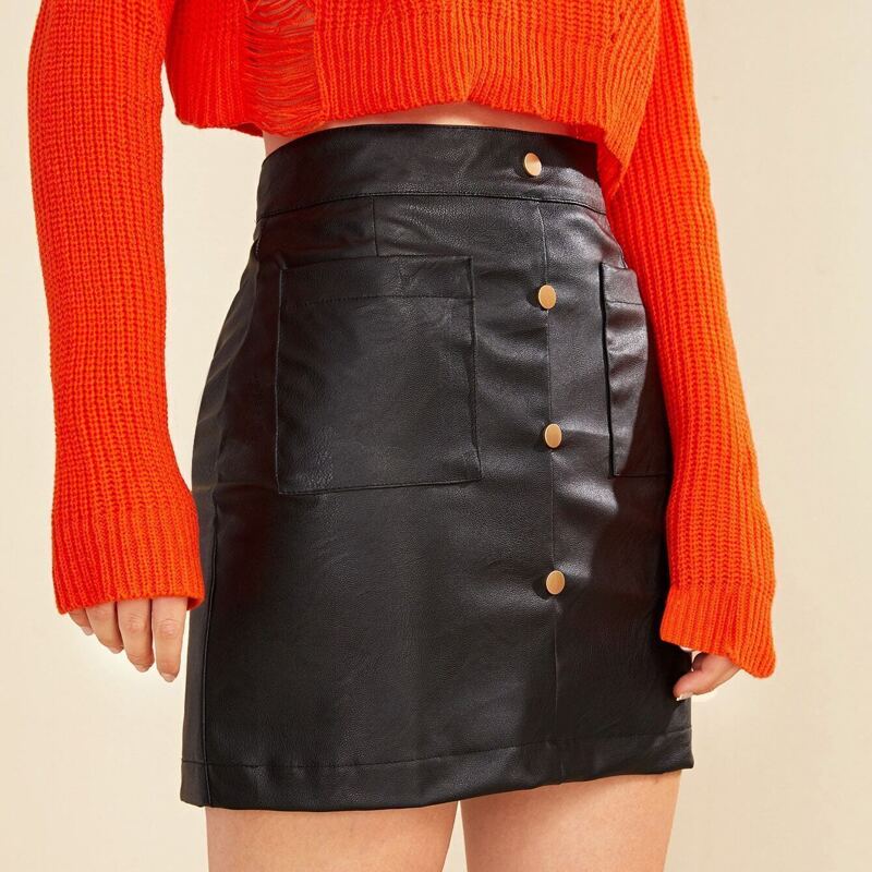 

Button Through Pocket Side PU Skirt, Black