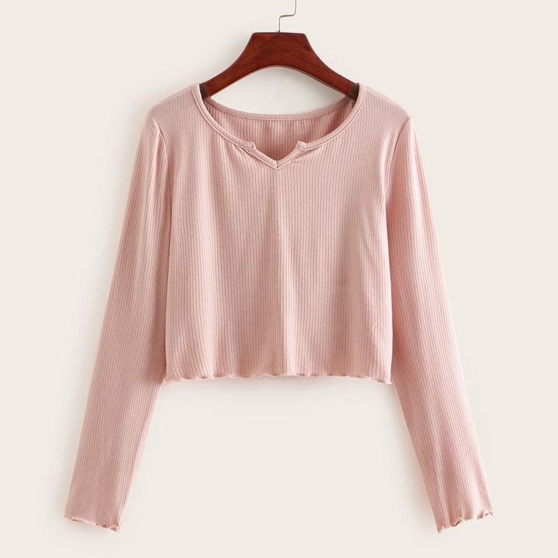 

Lettuce Edge Trim Notched Neck Tee, Pink