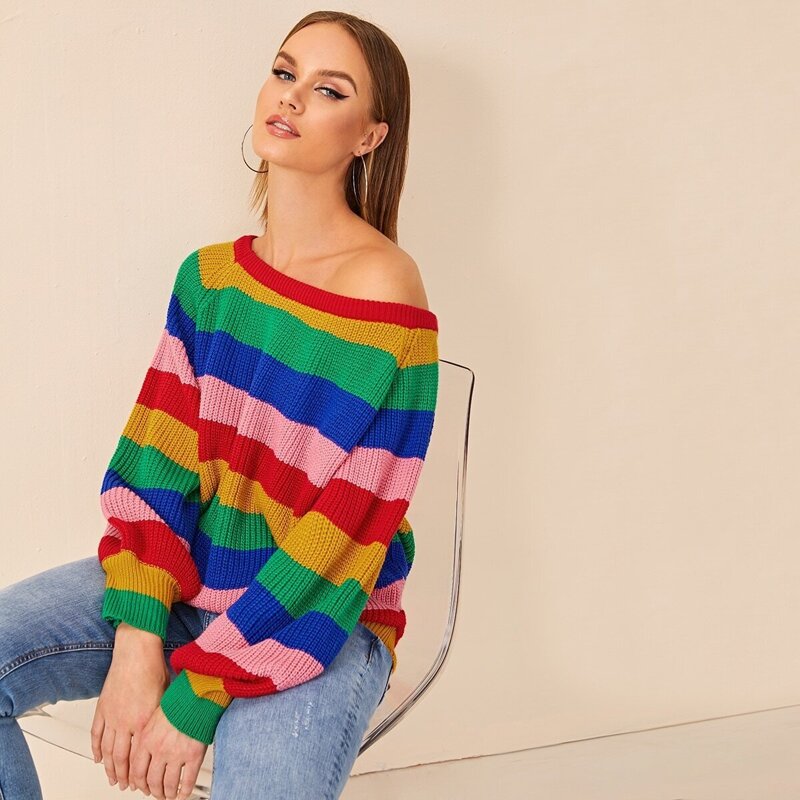 

Rainbow Striped Raglan Sleeve Sweater, Multicolor