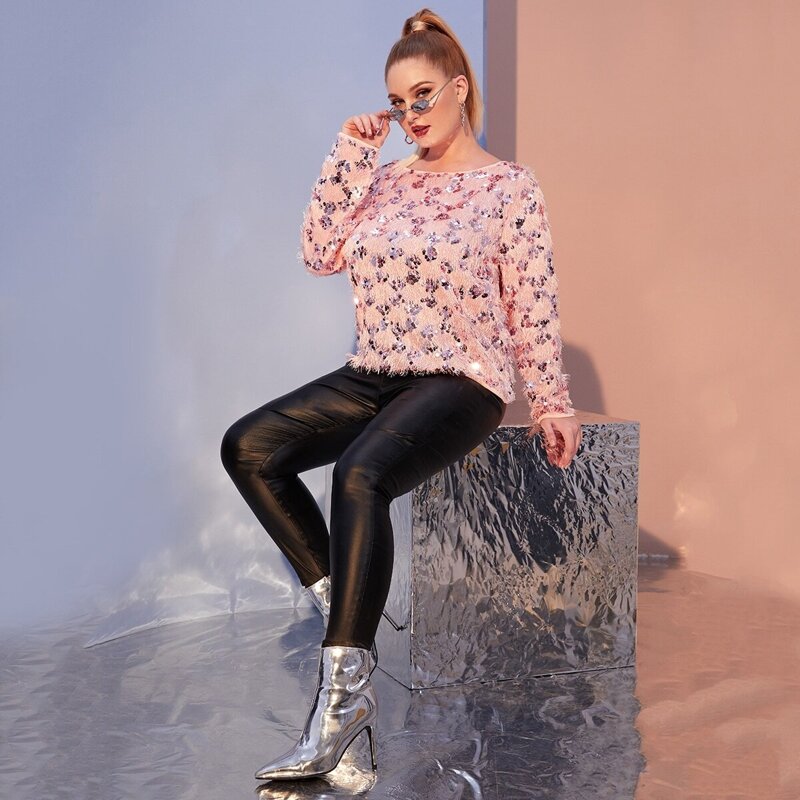 

Plus Contrast Sequins Round Neck Sweater, Pink