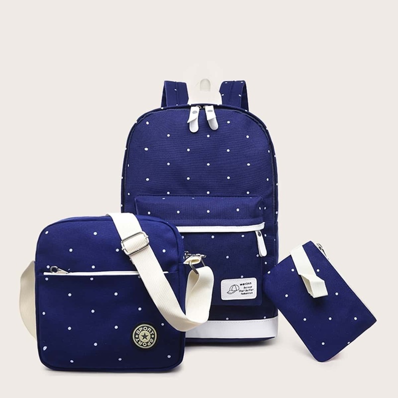 

Polka Dot Canvas Backpack With Crossbody Bag 3pcs, Blue