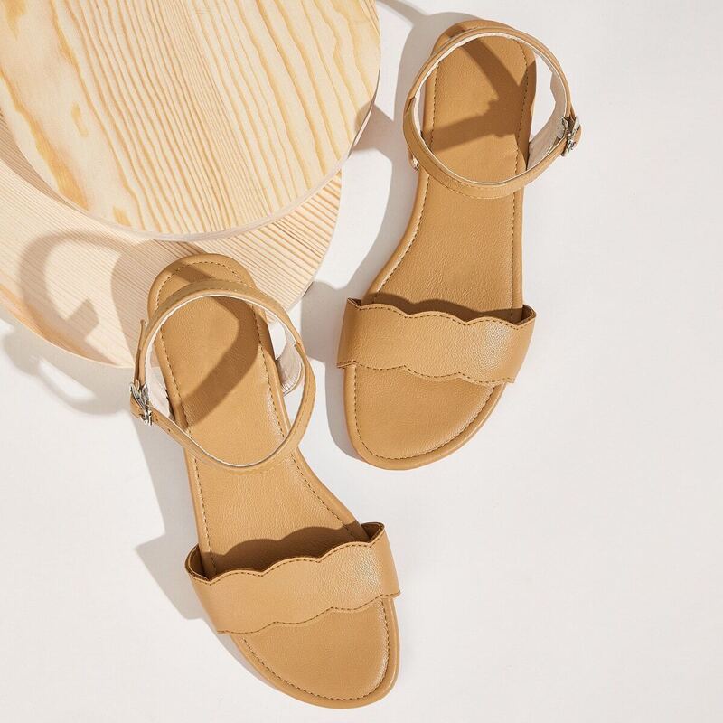 

Scalloped Buckle Strap Flat Sandals, Brown