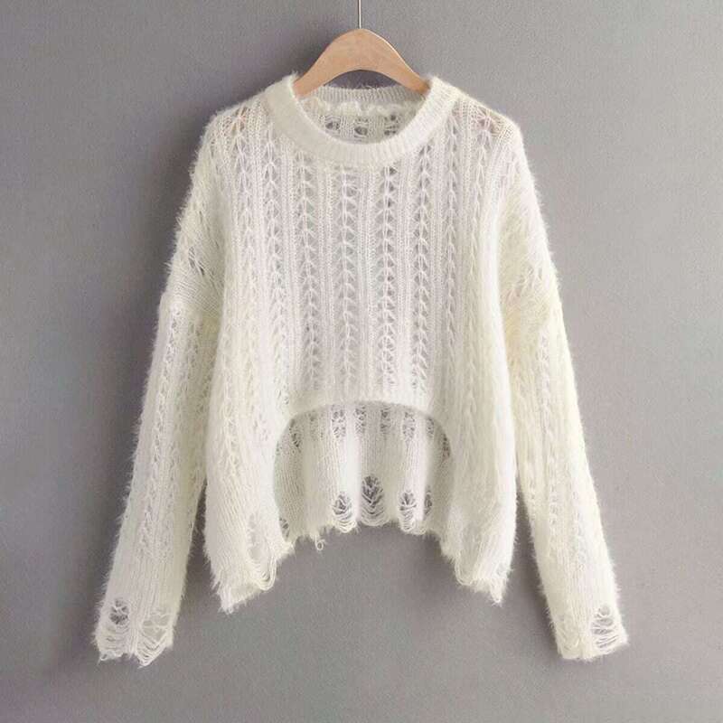 

Shaggy Raw Hem Pointelle Knit Sweater, White