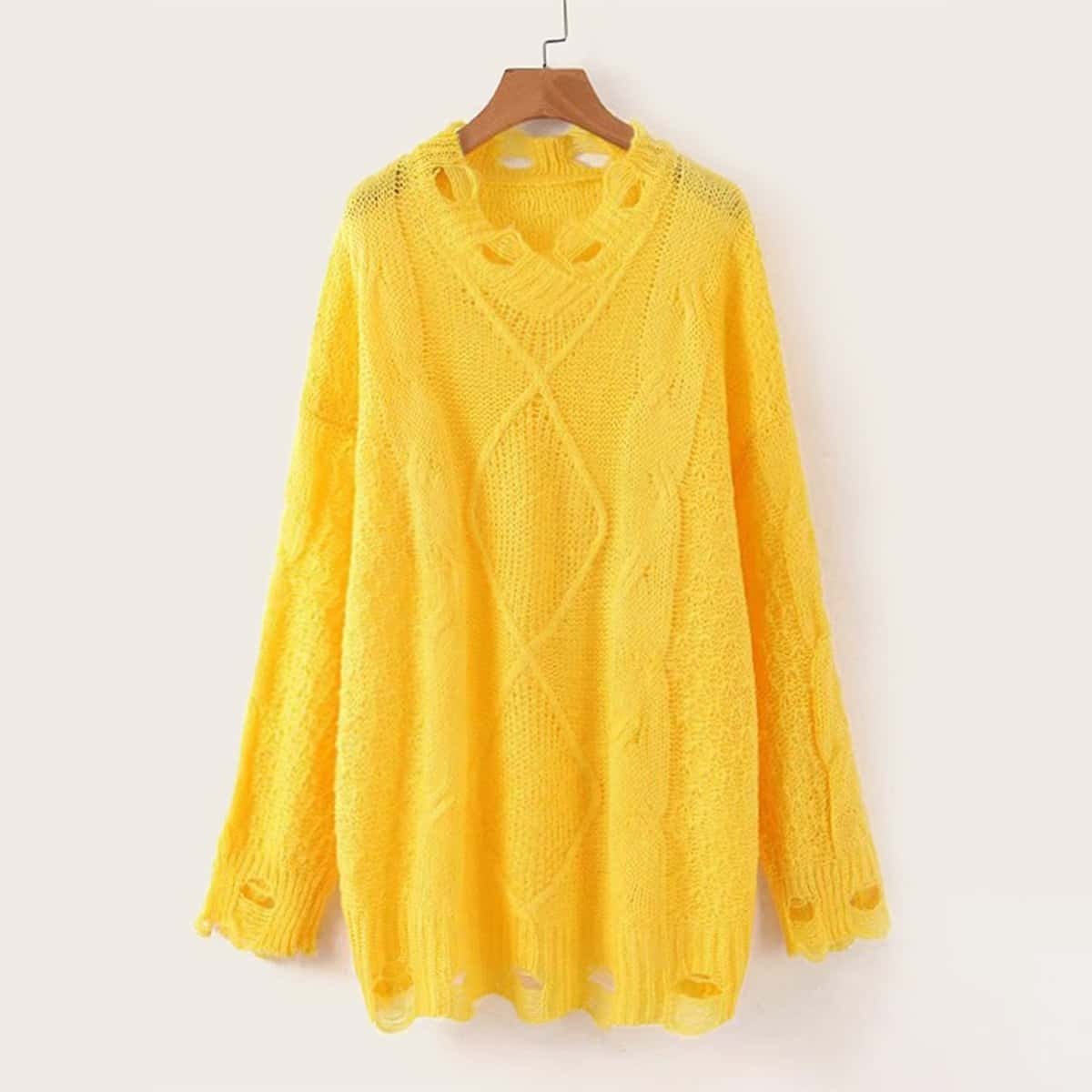 

Ripped Dropped Shoulder Longline Sweater, Yellow