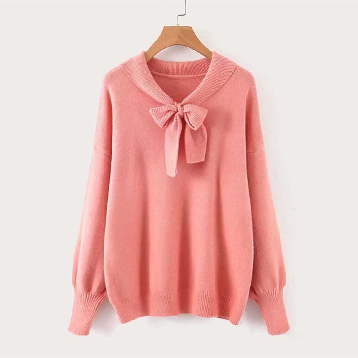 

Tie Neck Solid Dropped Shoulder Sweater, Pink