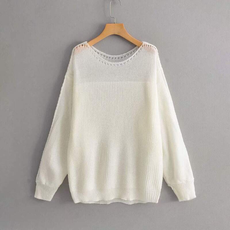 

Pointelle Knit Dropped Shoulder Sweater, White
