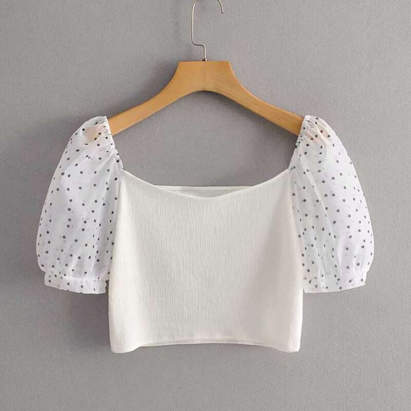 

Contrast Puff Sleeve Polka Dot Print Crop Top, White