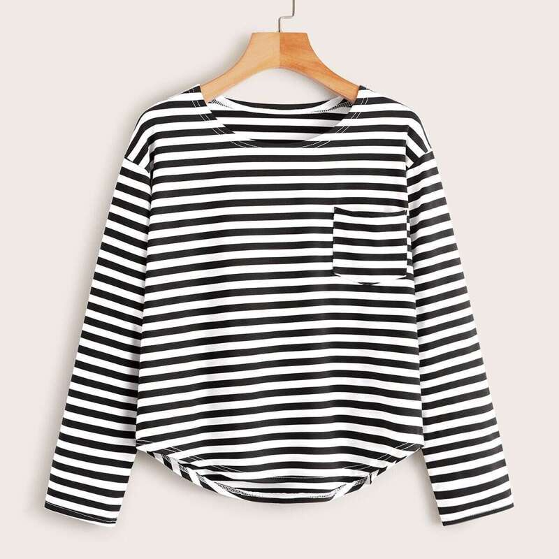 

Striped Print Long Sleeve Tee, Black and white