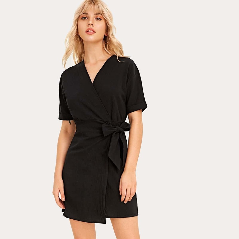 

Self Tie Wrap Solid Dress, Black