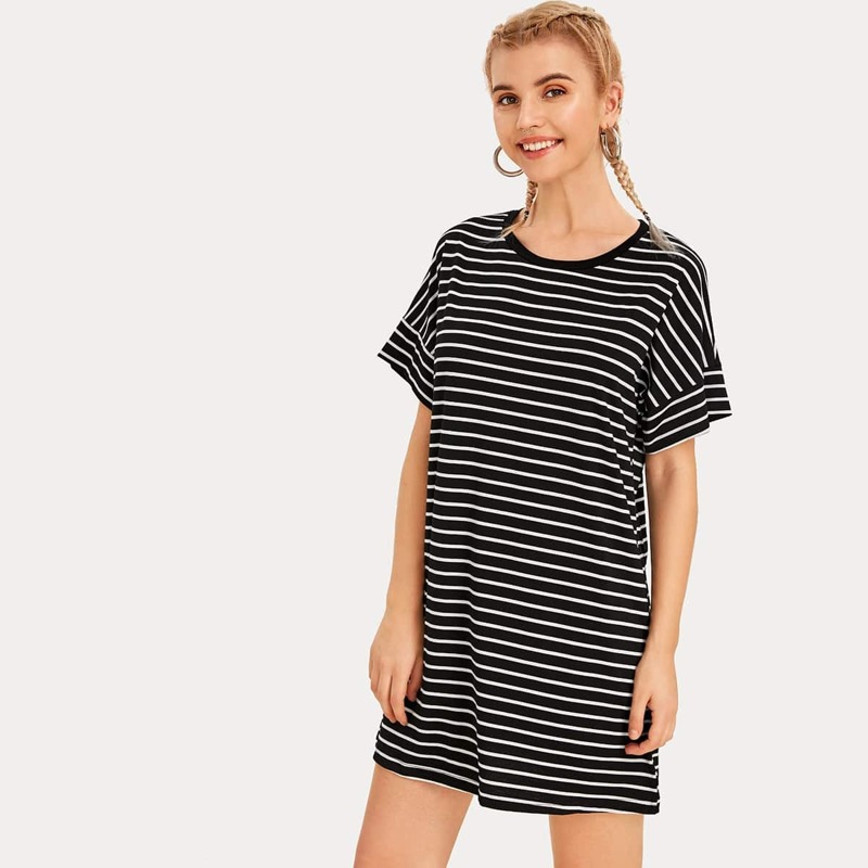 

Drop Shoulder Striped Tee Dress, Black and white