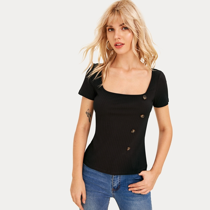 

Button Detail Rib-knit Fitted Solid Top, Black