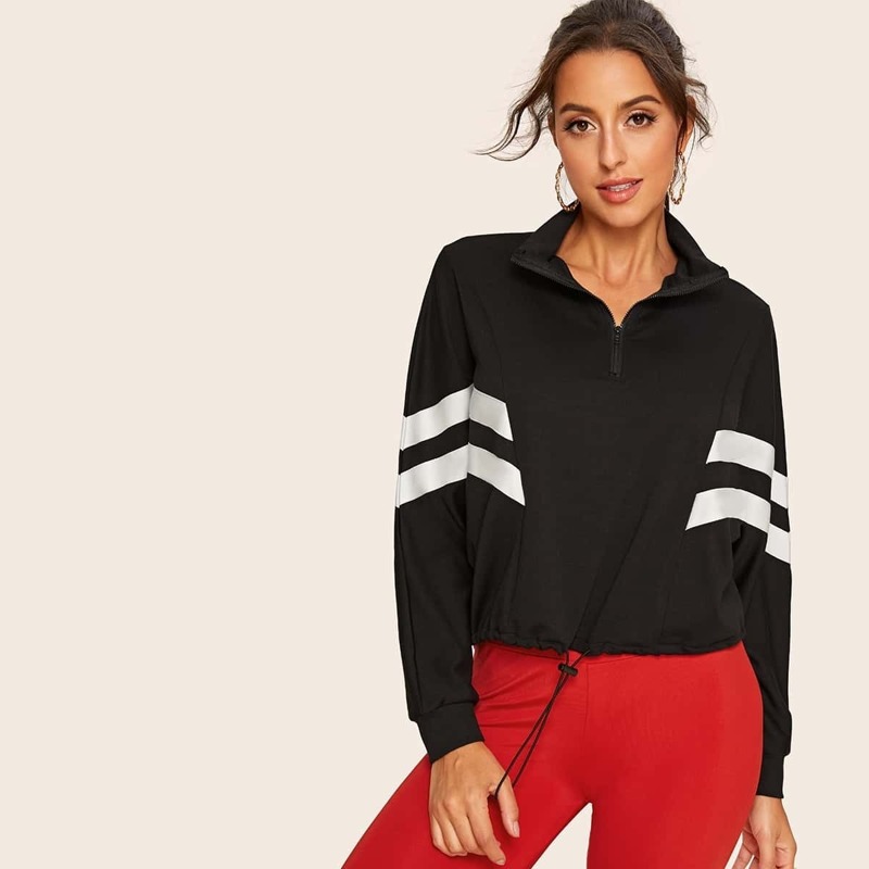

Half Zip Contrast Panel Drawstring Hem Sweatshirt, Black