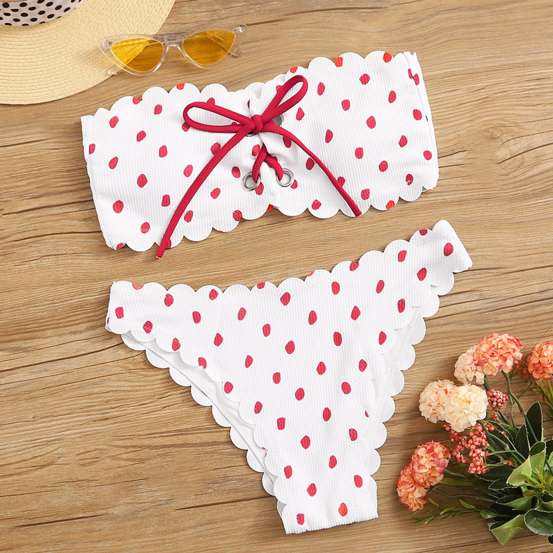 

Polka Dot Lace Up Bandeau Bikini Set, Multicolor