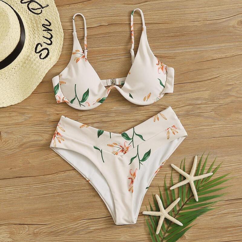 

Floral Underwire Top With High Cut Bikini Set, Beige