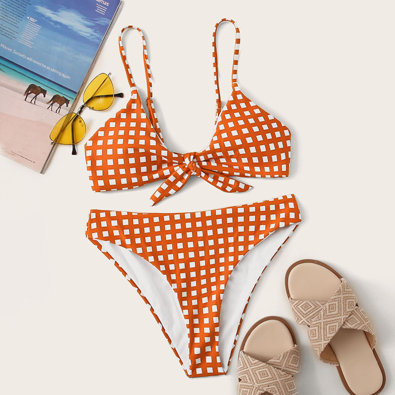 

Plaid Knot Front Top With Cheeky Bikini Set, Orange