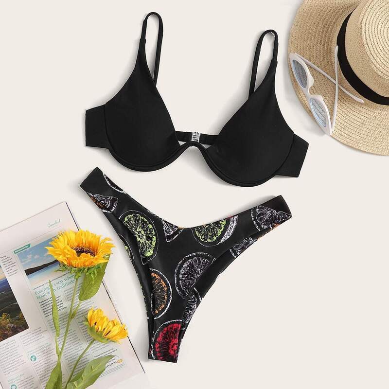 

Underwire Top With Orange Print Bikini Set, Black