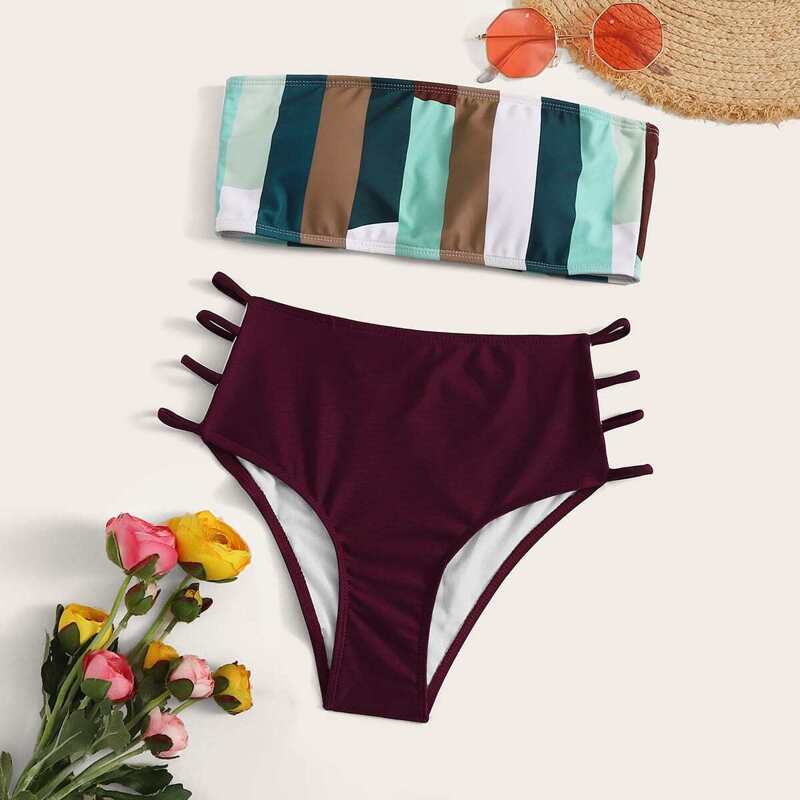 

Striped Bandeau With Ladder Cut Out Bikini Set, Multicolor