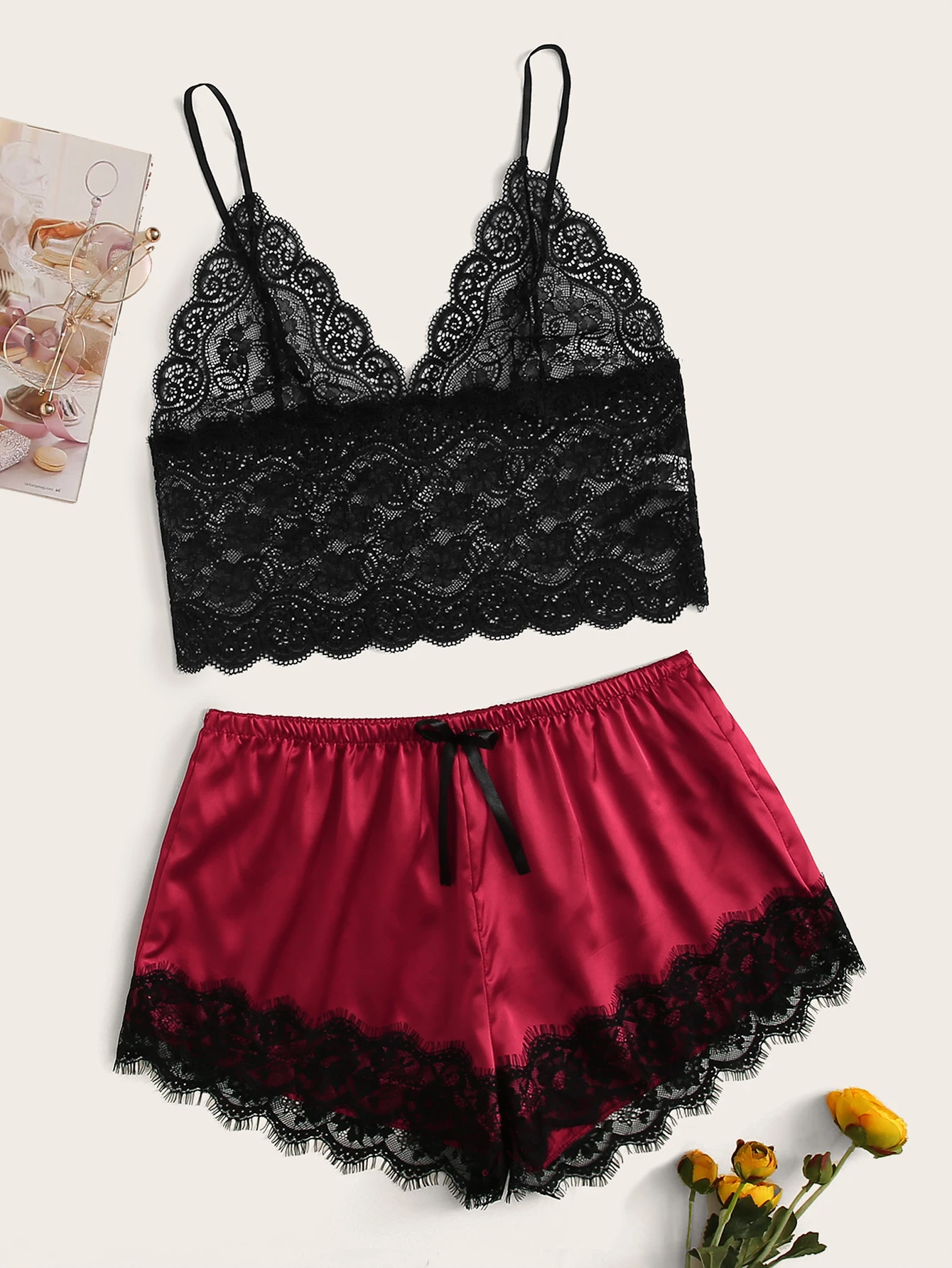 satin shorts and top