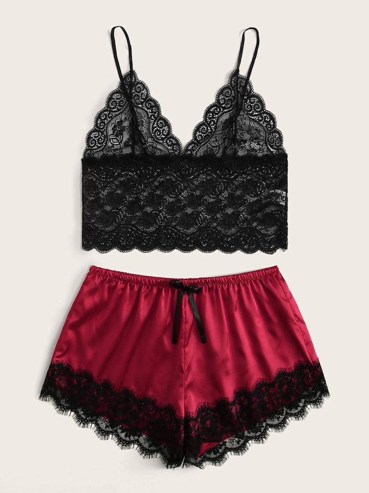 Plus Floral Lace Cami Top With Satin Shorts - Multicolor - View 5