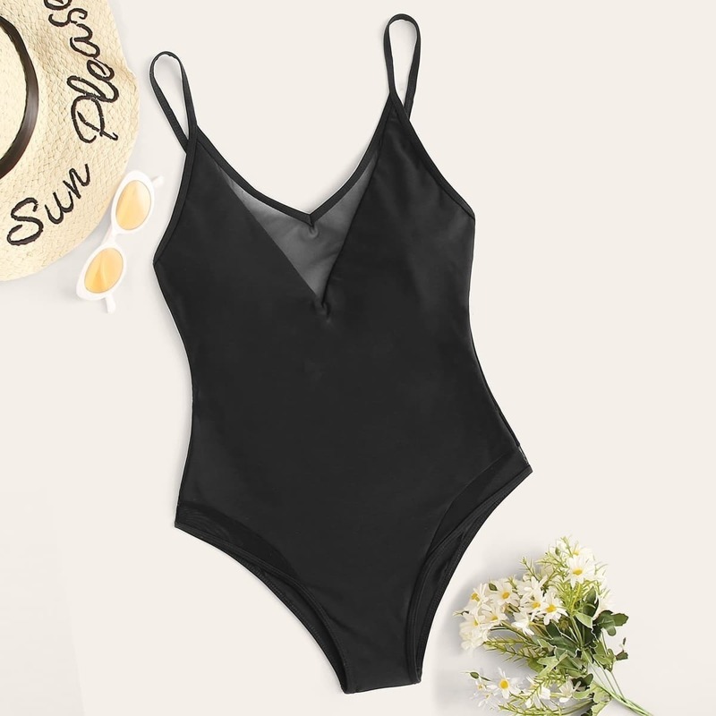 

Contrast Mesh Spaghetti Strap One Piece Swimwear, Black