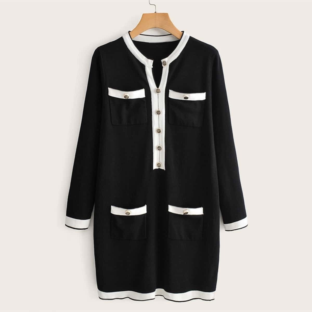

Contrast Binding Half Button Sweater Dress, Black