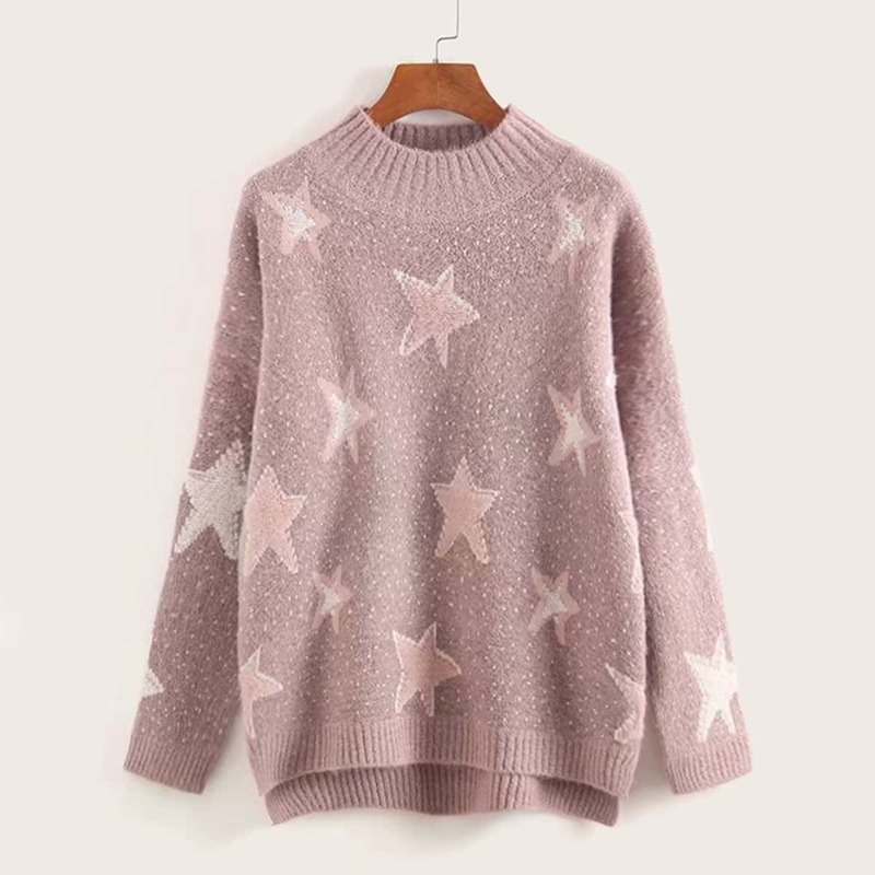 

Drop Shoulder Star Pattern Dip Hem Jumper, Pink