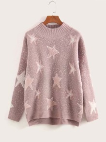 Drop Shoulder Star Pattern Dip Hem Jumper