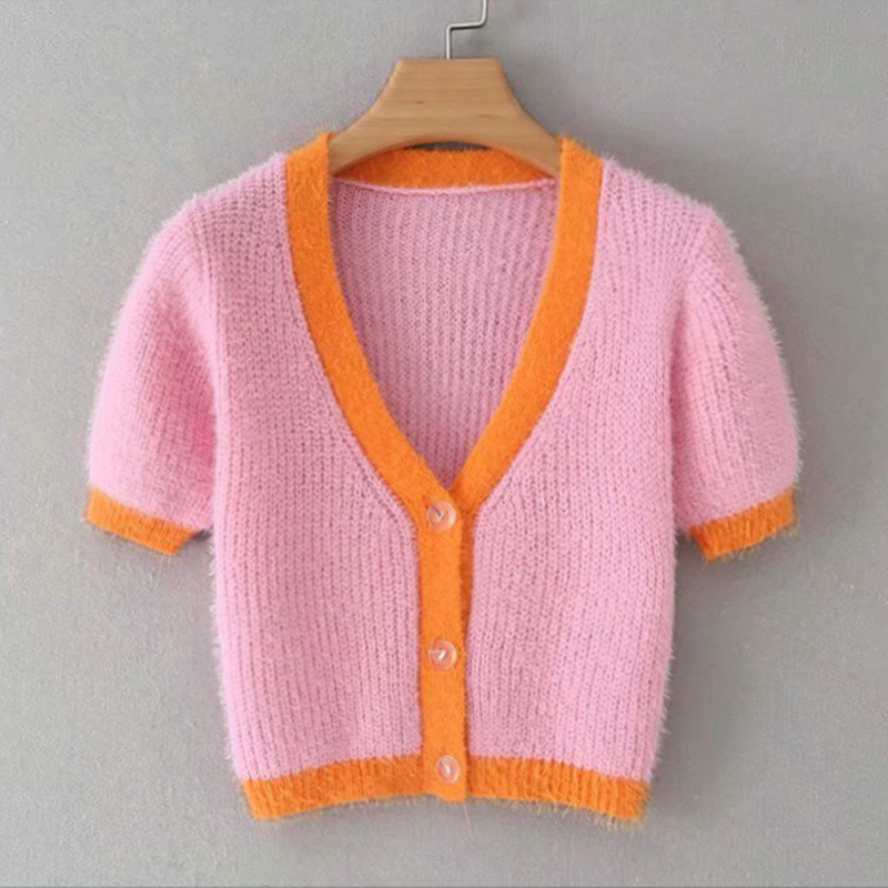 

Fuzzy Contrast Binding Cropped Cardigan, Baby pink