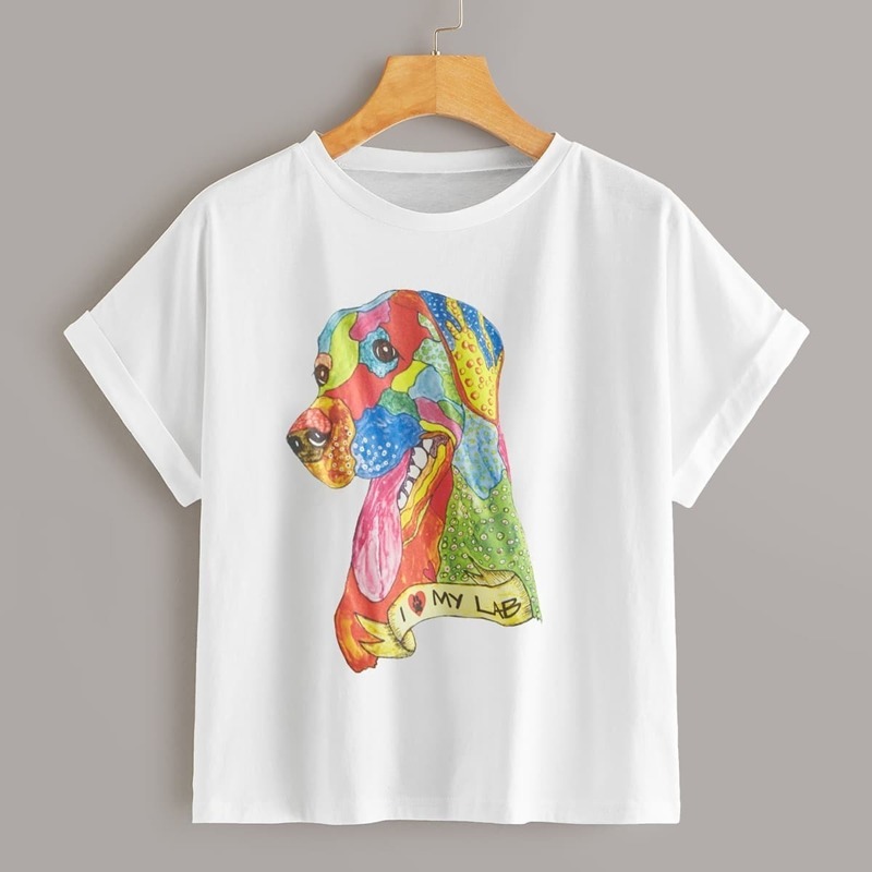 

Dog Print Roll Up Sleeve Tee, White