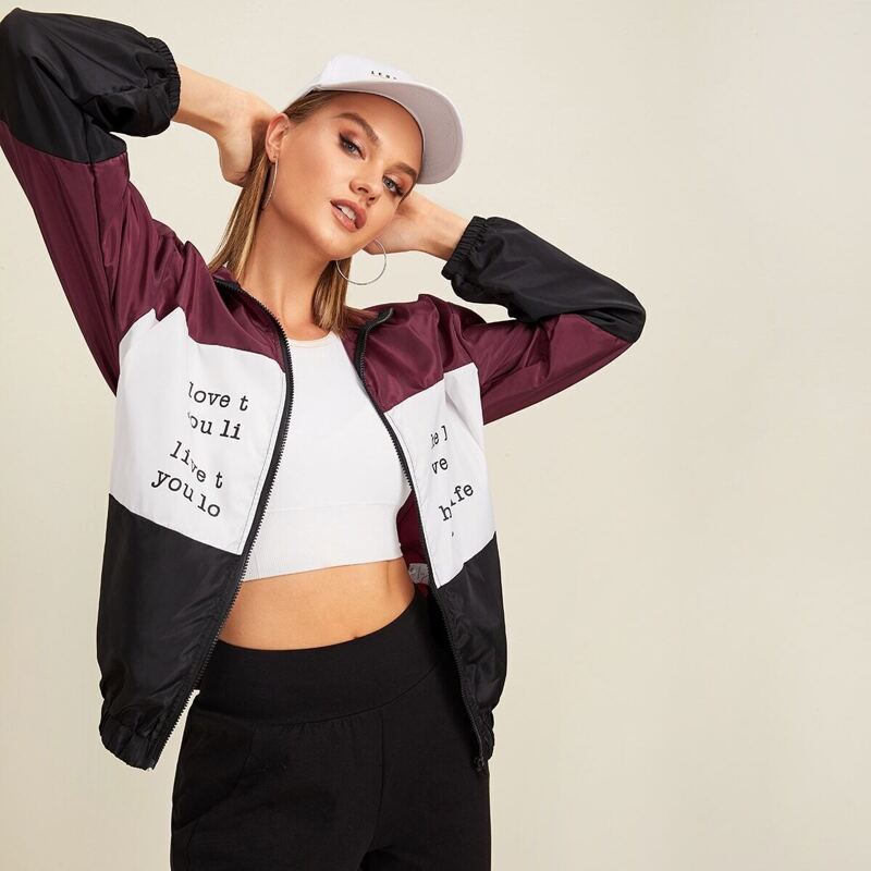 

Letter Print Colorblock Windbreaker Jacket, Multicolor