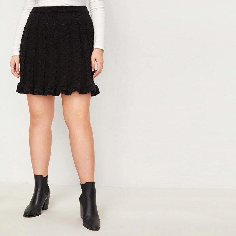 

Plus Cable Knit Ruffle Hem Sweater Skirt, Black