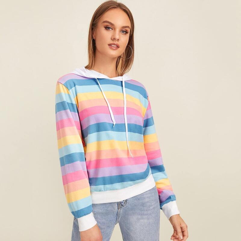 

Rainbow Striped Drawstring Hoodie, Multicolor