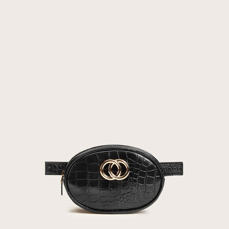 

Twist Ring Decor Croc Embossed Fanny Pack, Black