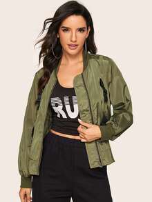 Buckle Detail Zip Front Bomber Jacket